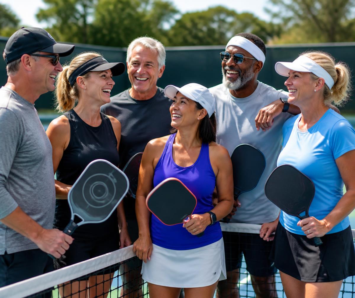 A group of pickleball players smiling together at the net after a game